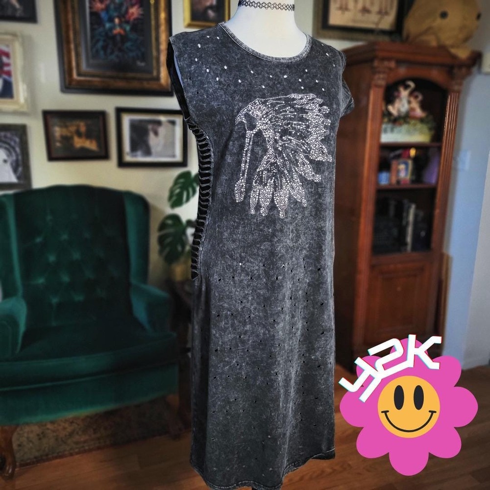 Acid Wash Rhinestone Dress Vintage Y2K Headdress Distressed Side Slit Gray Small